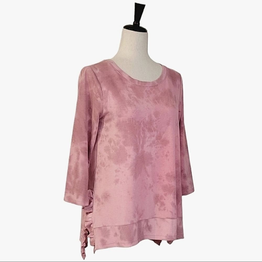Cupio Pink Tie-Dye Crewneck Side Ruffle Detail 3/4 Sleeve Top Size S - Picture 2 of 9